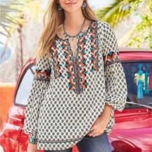 Sundance Blouse Colorful Embroidery Lined Boho Festival Long Balloon Sleeve M